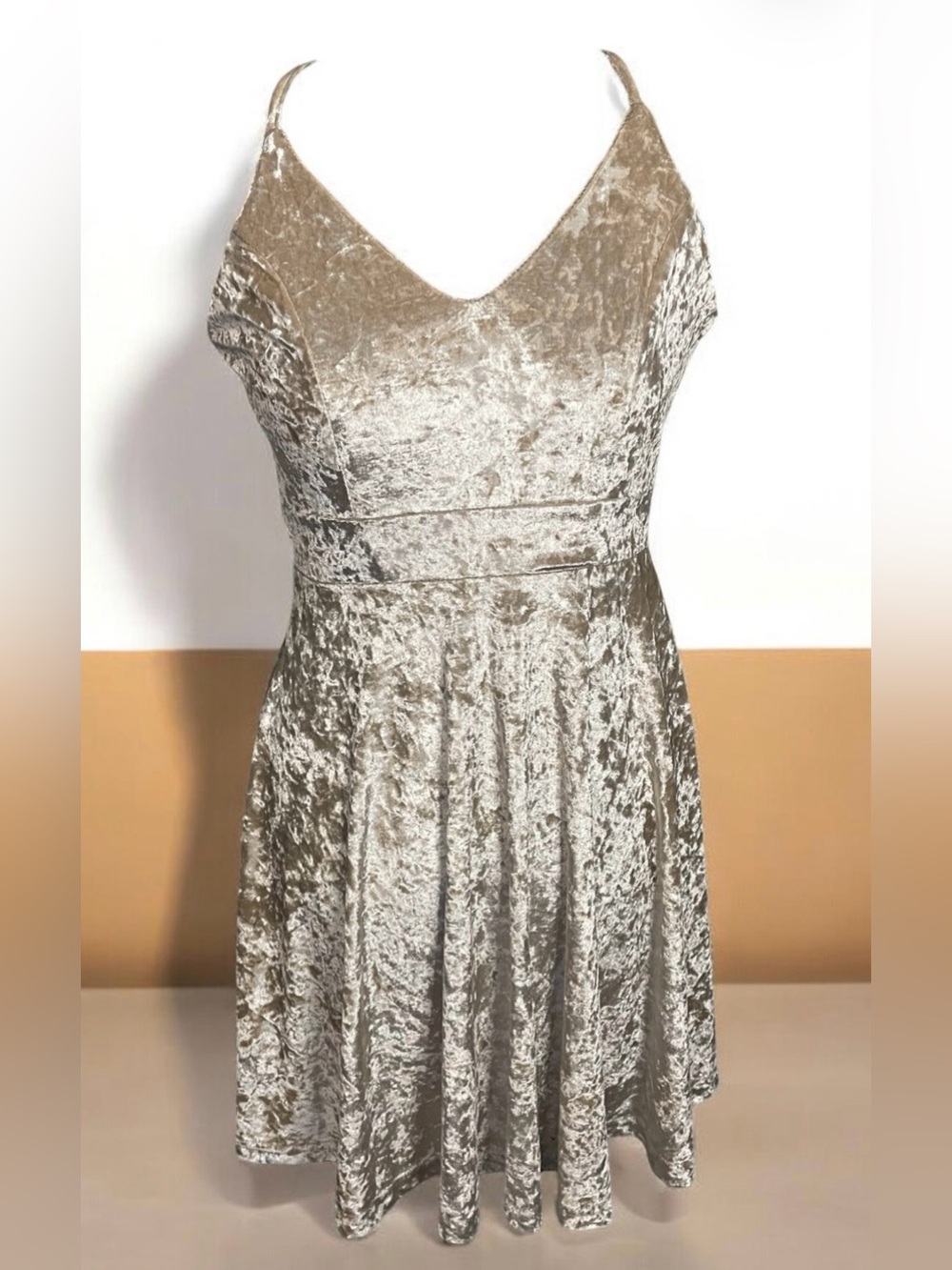 Spaghetti strap V-Neck Velvet Fit & Flare Dress in Champagne